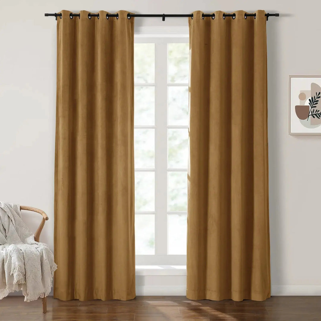 Warm brown grommet curtains enhancing natural light in a bright room.
