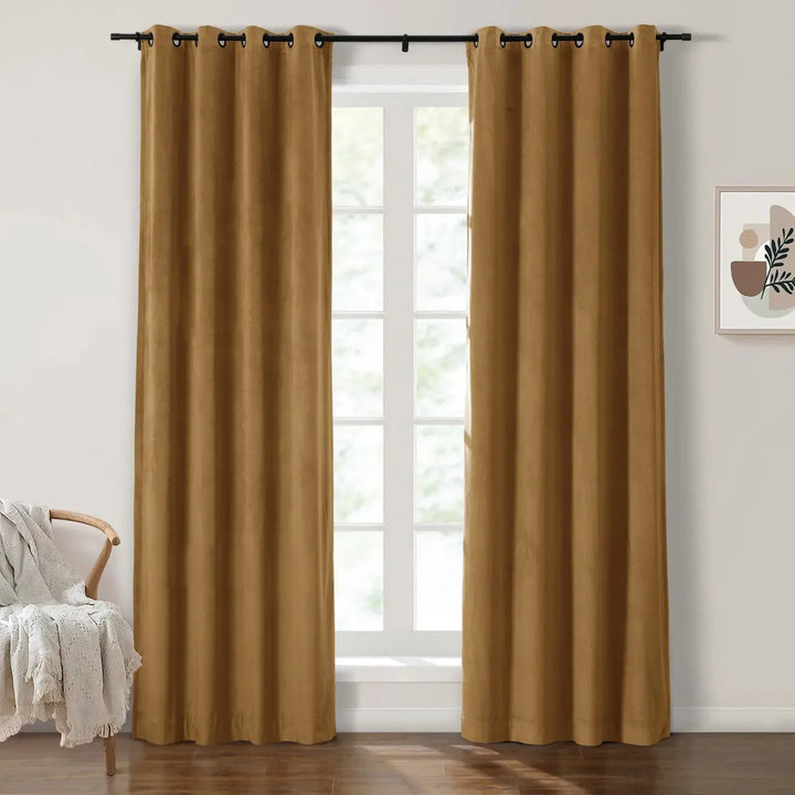 Warm brown grommet curtains enhancing natural light in a bright room.
