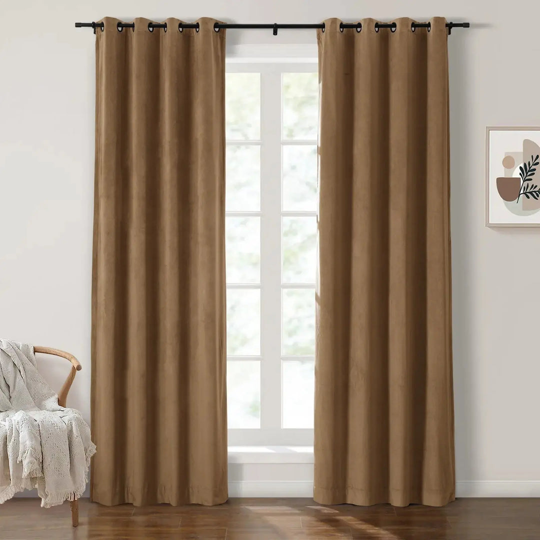 Warm brown grommet curtains enhancing natural light in a modern living room