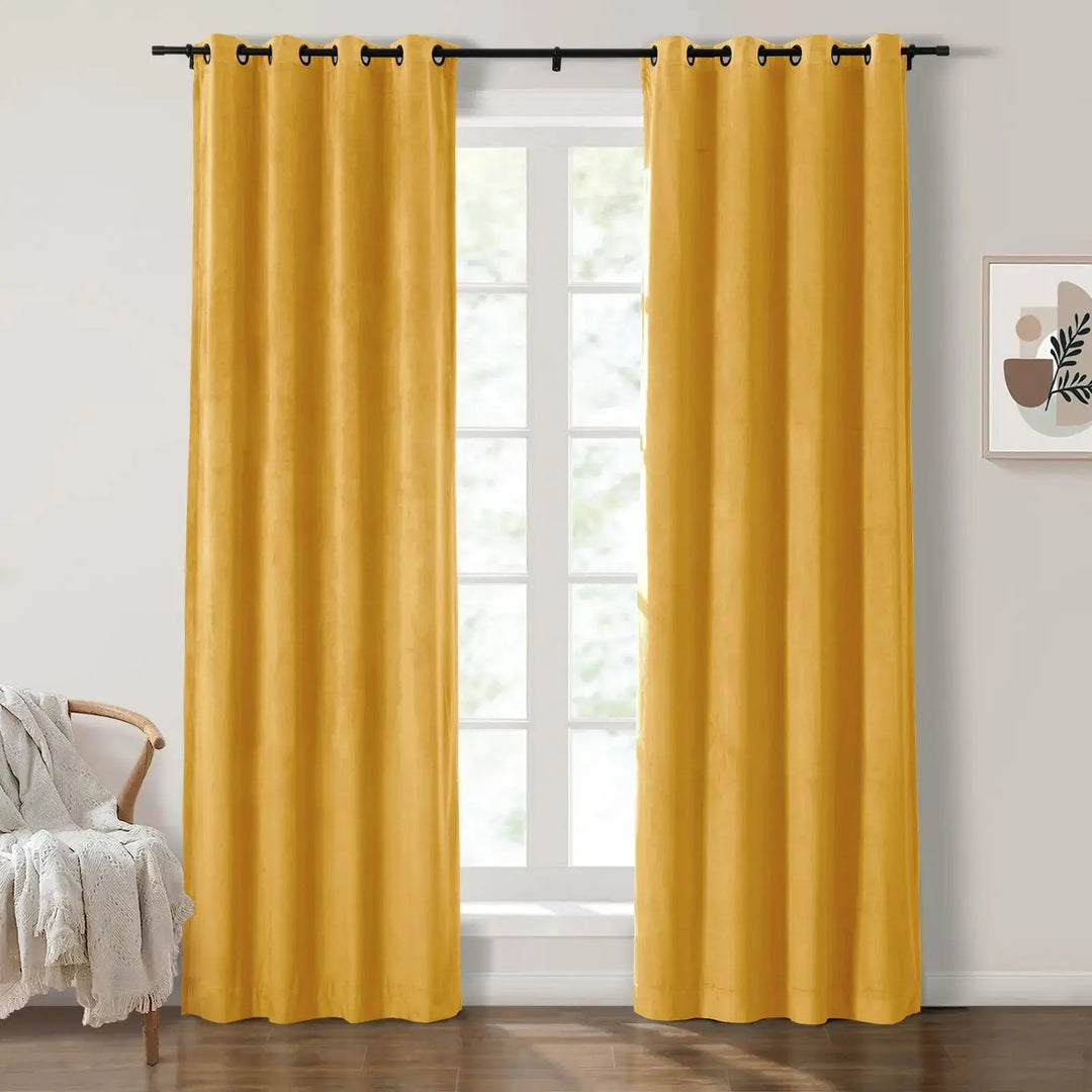Mustard yellow grommet curtains enhancing natural light in a bright living room.