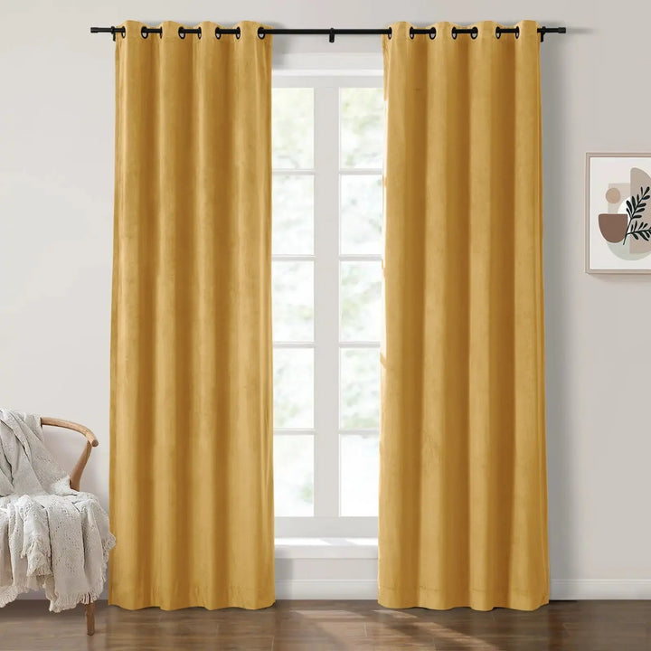 Mustard yellow grommet curtains enhancing natural light in a bright living room.