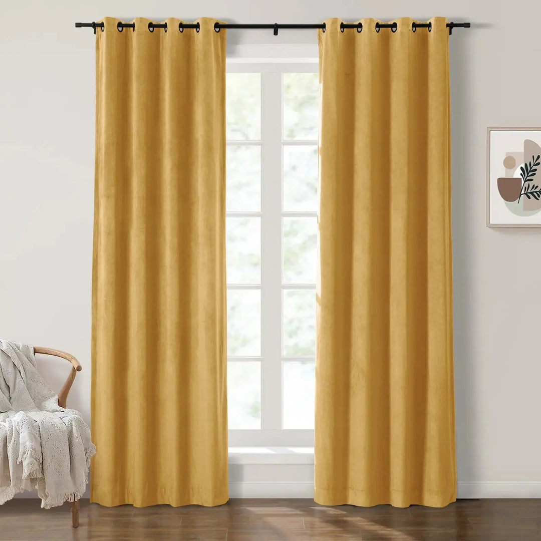 Mustard yellow grommet curtains enhancing natural light in bright living room.