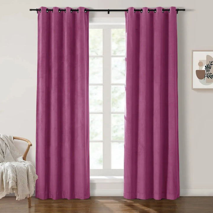 Pink velvet grommet curtains enhancing natural light in a modern living room.
