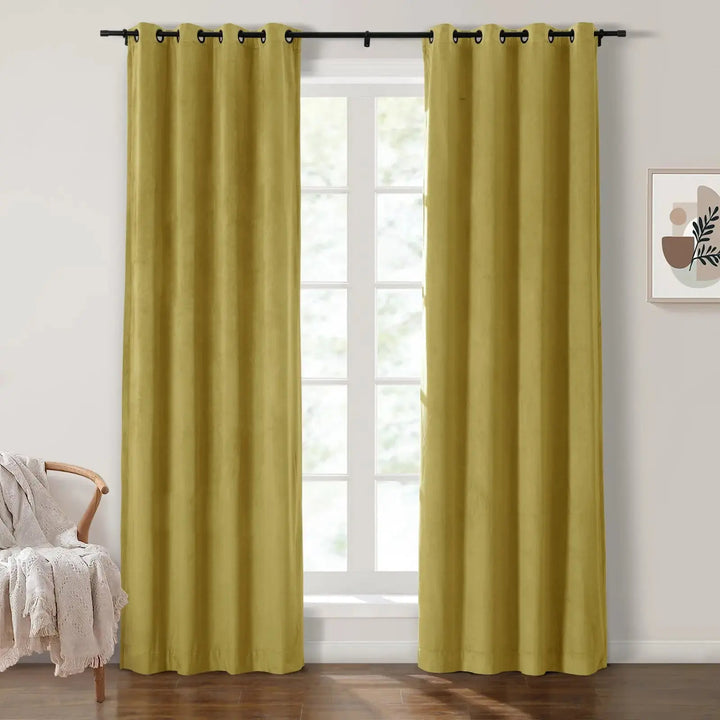Mustard yellow grommet curtains enhancing natural light in a bright living room.