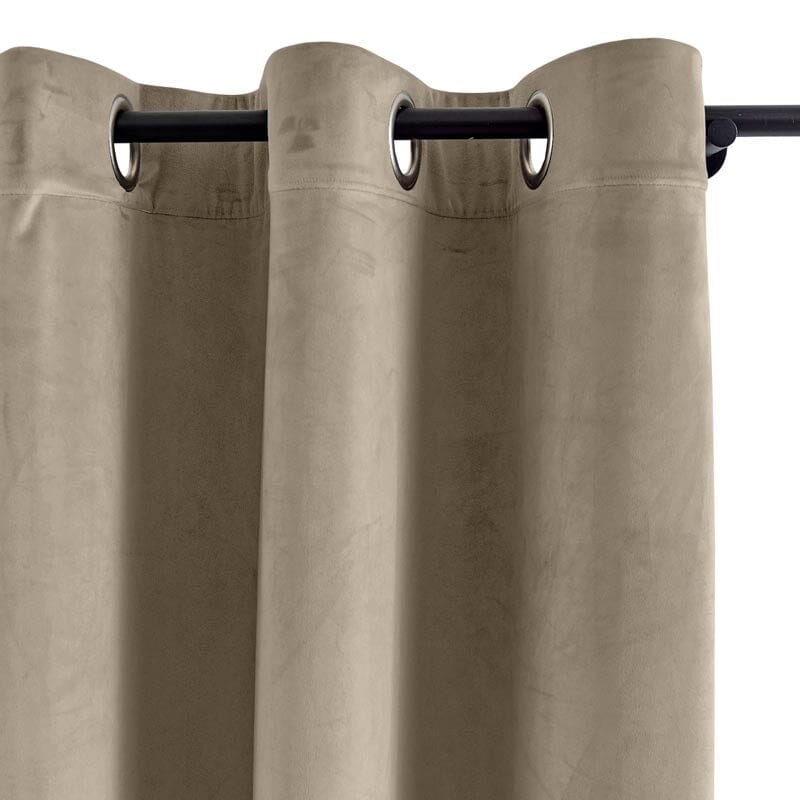 Light beige grommet curtains with smooth texture and 1.6-inch diameter grommet detail.
