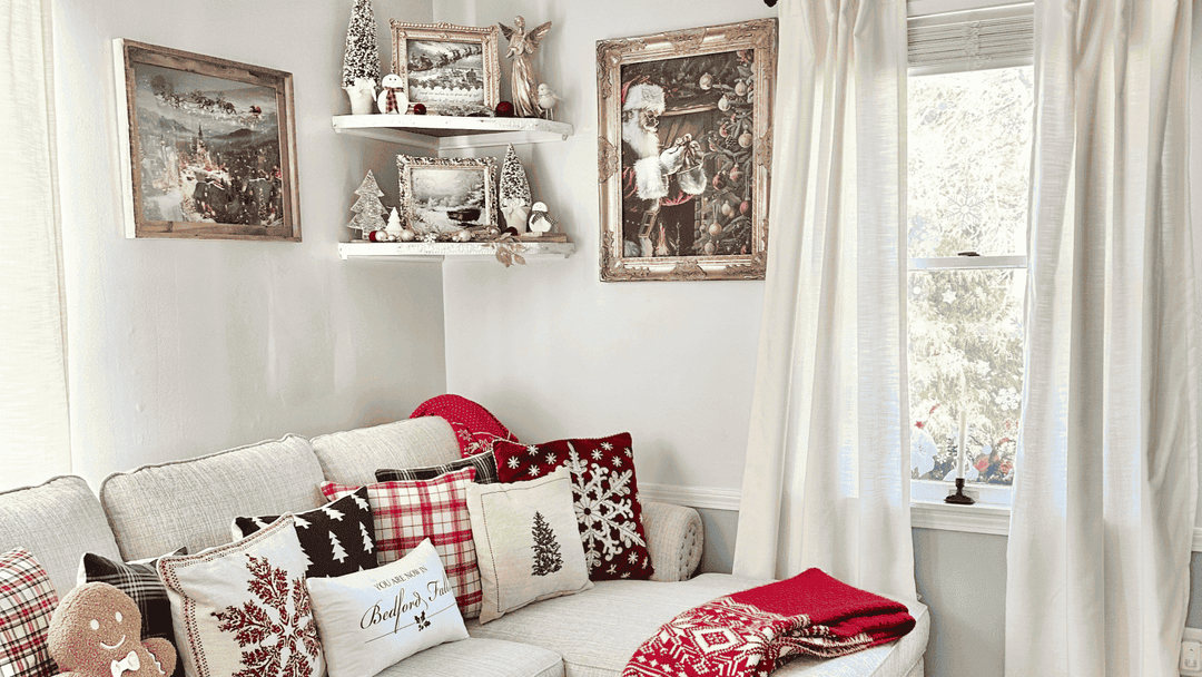 Cozy Christmas living room with white linen curtains and festive decor