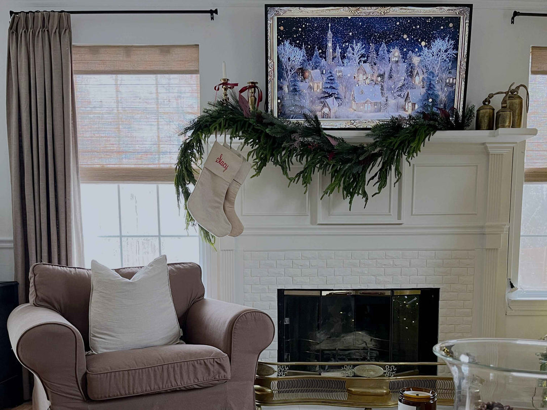 Living room with bamboo shades and Christmas decorations